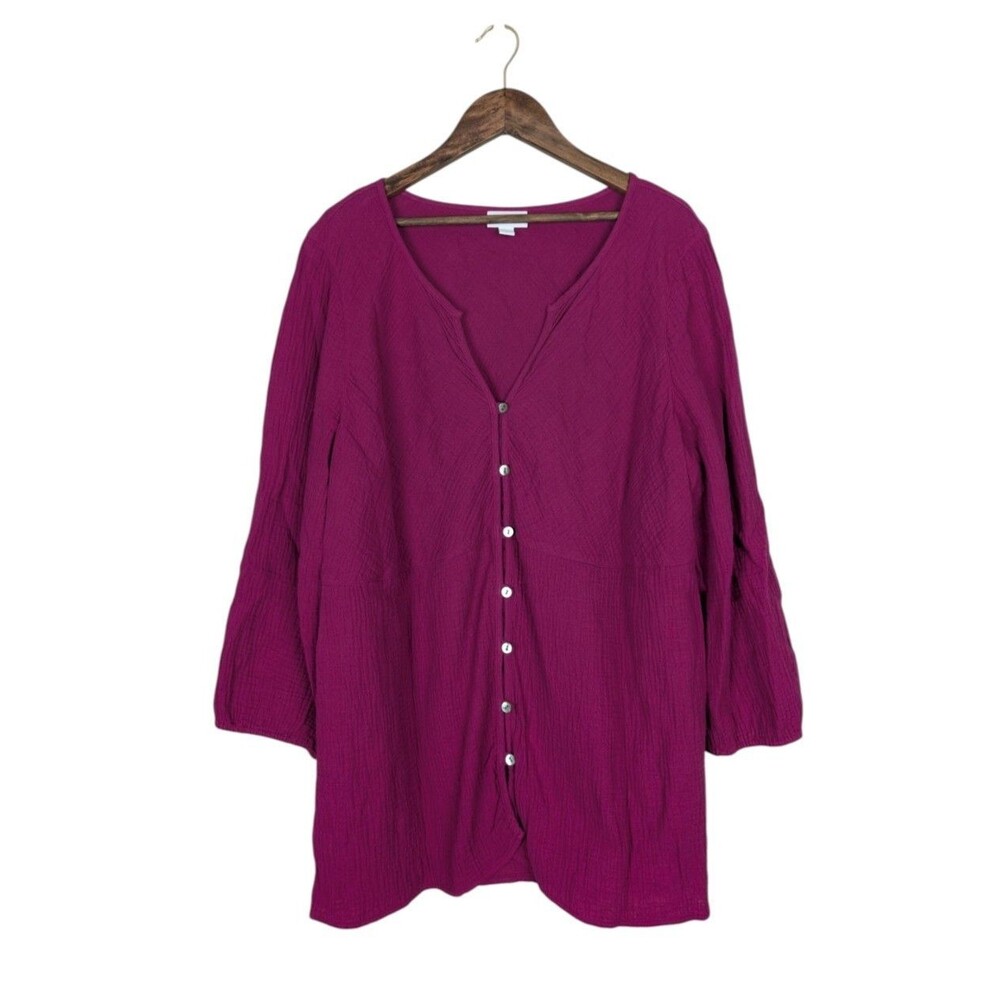J JILL Cotton Gauze Button Front Tunic Top Shirt Fuschia Pink - L